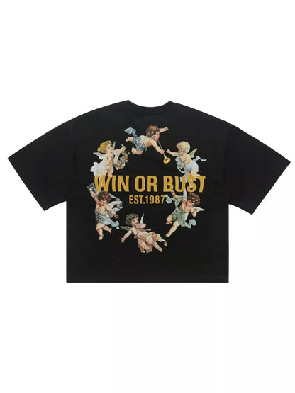 Black men's graphic round neck short sleeve T-shirt by Trendsi, featuring a stylish design on the front.
