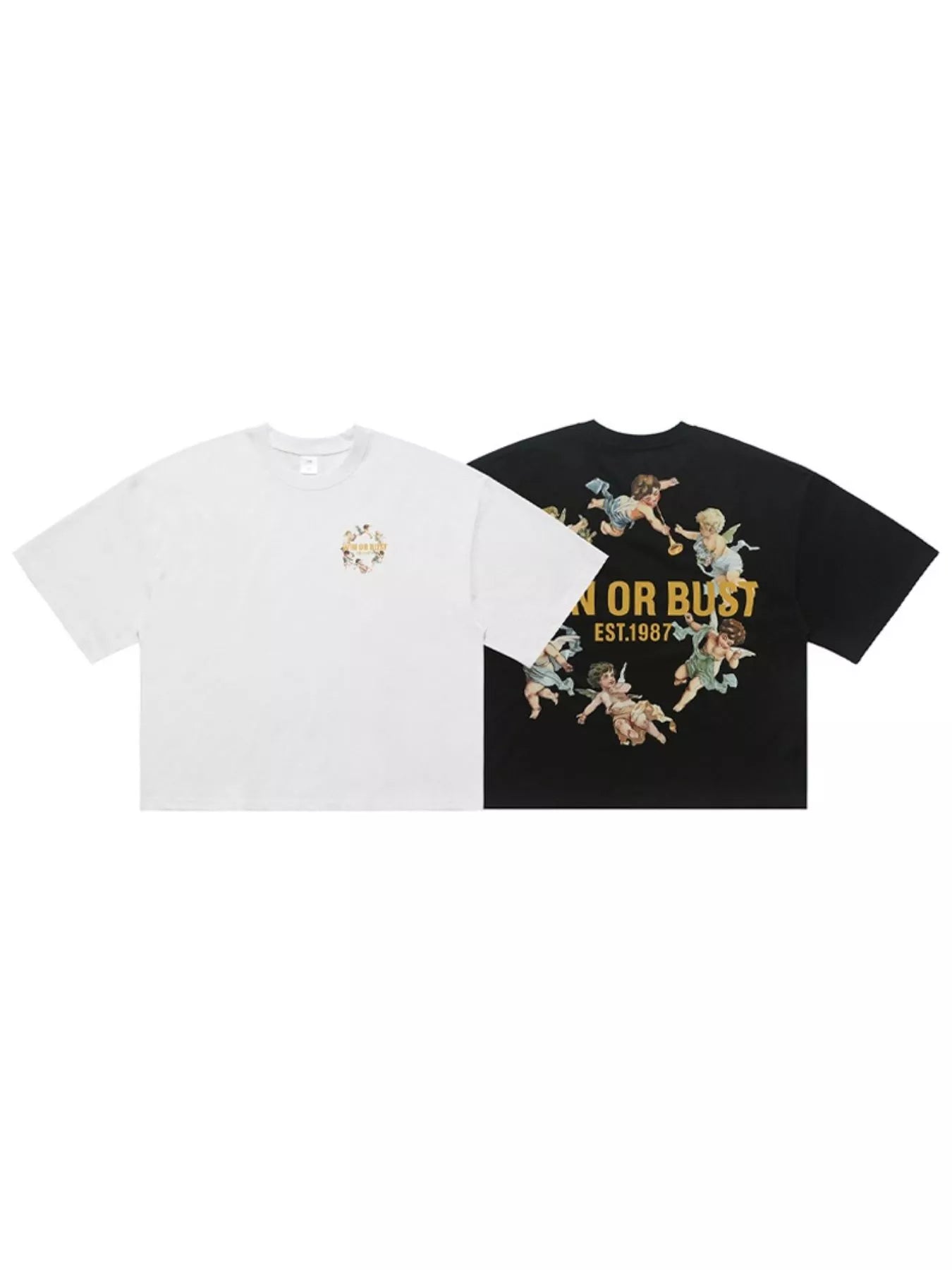 Black men's graphic round neck short sleeve T-shirt by Trendsi, featuring bold front print and comfortable fit.