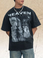 Black men's graphic round neck short sleeve T-shirt by Trendsi, featuring a stylish printed design on the front.