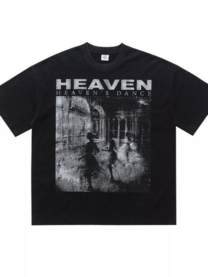 Men's black graphic round neck short sleeve T-shirt by Trendsi, featuring bold printed design on soft cotton fabric.