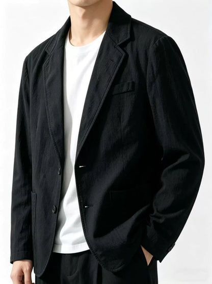 Plus size men's black button-up long sleeve blazer by Trendsi, tailored fit with lapel collar and front pockets.