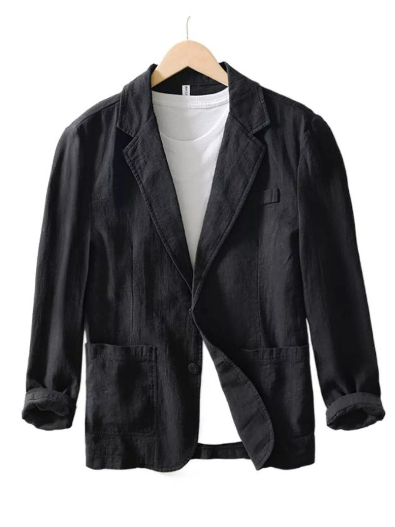 Black men's plus size long sleeve button-up blazer from Trendsi, featuring a tailored fit and classic lapel design.