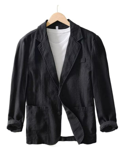 Black men's plus size long sleeve button-up blazer from Trendsi, featuring a tailored fit and classic lapel design.