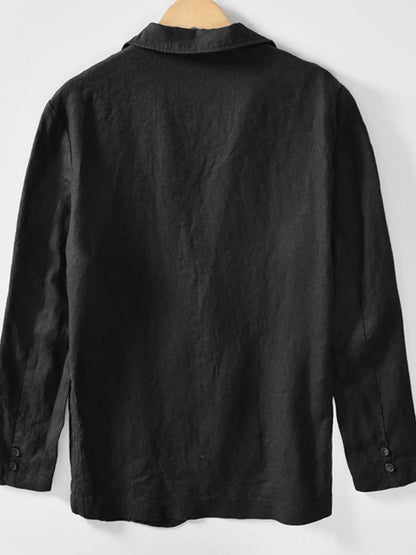 Men's plus size black button-up long sleeve blazer by Trendsi, tailored fit with lapel collar and stylish design.