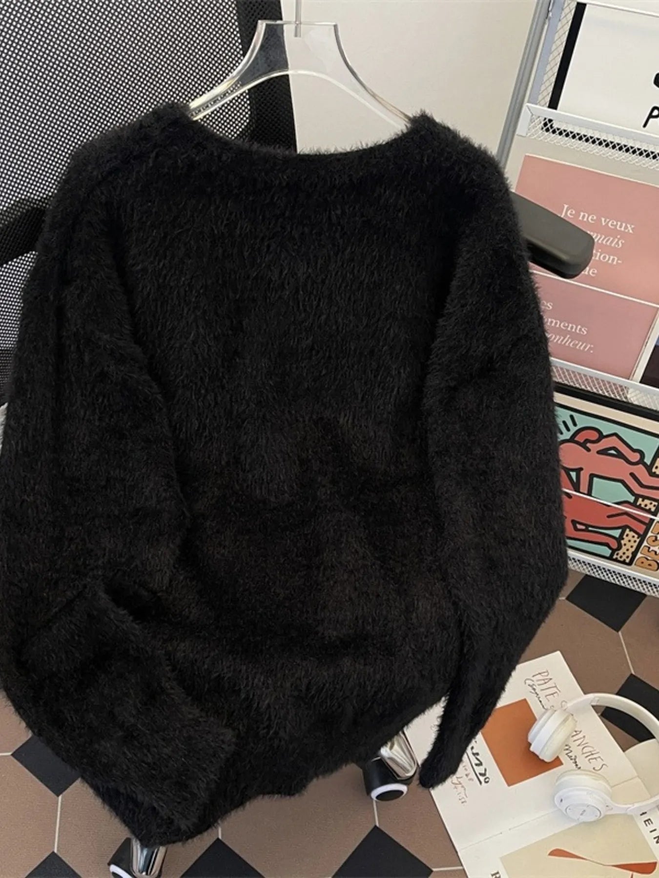 Men's plus size black fluffy butterfly round neck sweater by Trendsi, showing soft knit fabric and comfortable fit.