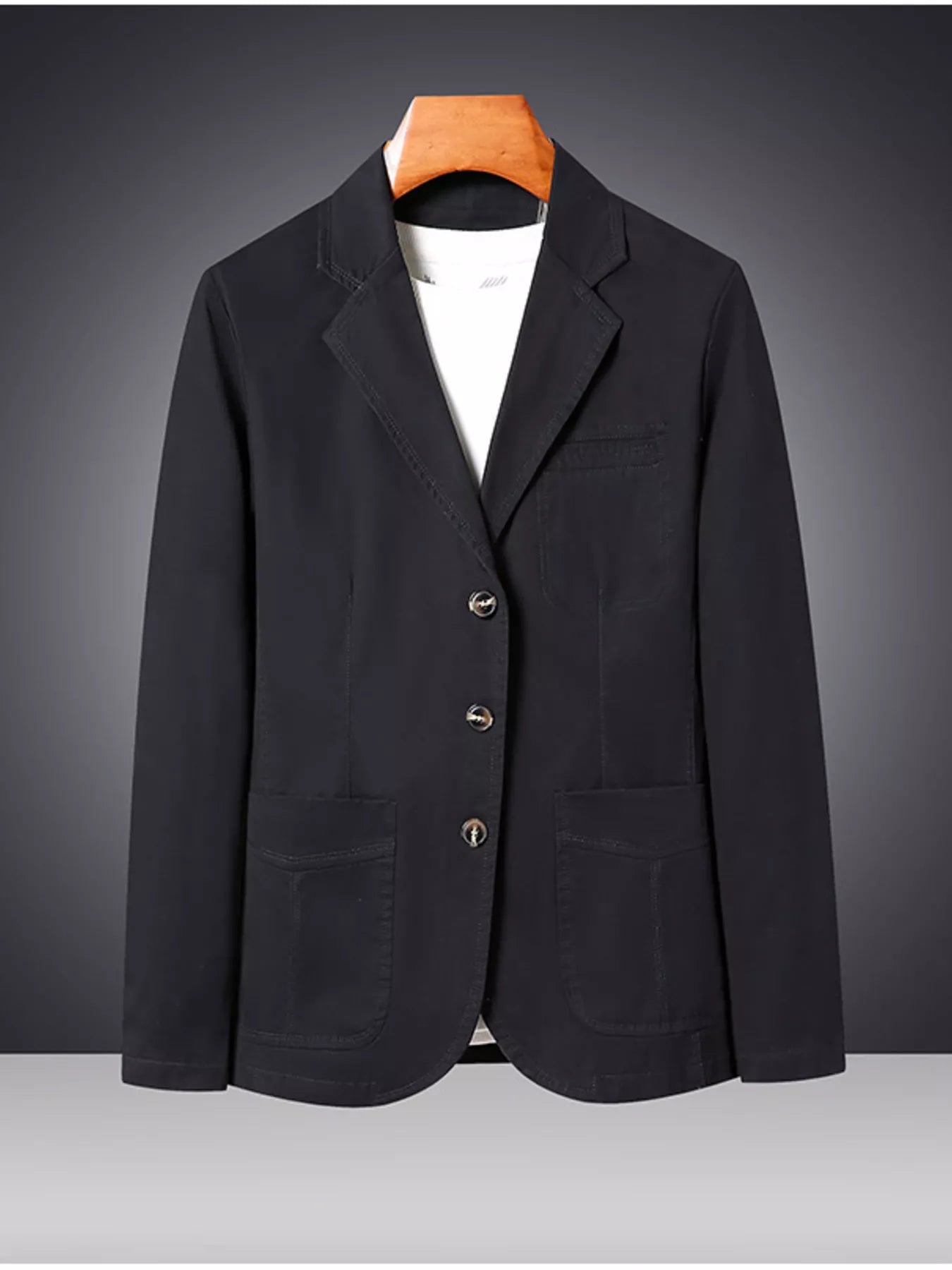 Black men's plus size lapel collar blazer with long sleeves, stylish and tailored for a professional look.