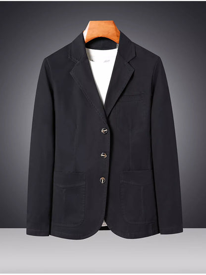 Black men's plus size lapel collar blazer with long sleeves, stylish and tailored for a professional look.