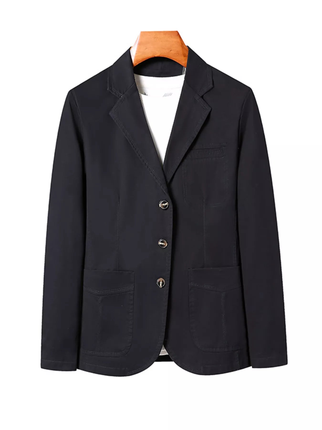Men's plus size black blazer with lapel collar and long sleeves, stylish men's fashion blazer by Trendsi.