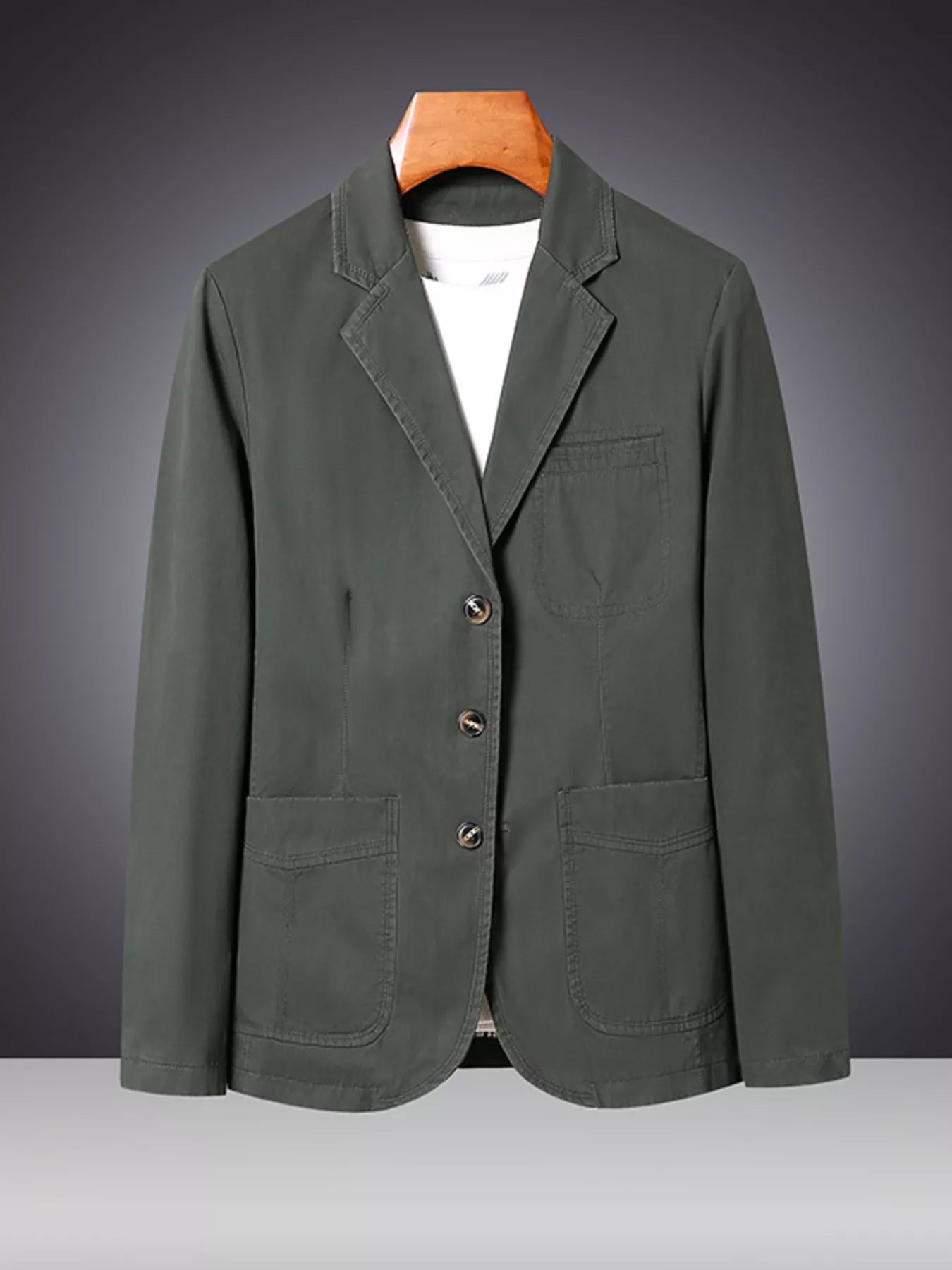 Men's plus size black blazer with lapel collar and long sleeves, stylish men's blazer by Trendsi, suitable for formal or casual wear.