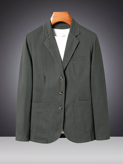 Men's plus size black blazer with lapel collar and long sleeves, stylish men's blazer by Trendsi, suitable for formal or casual wear.