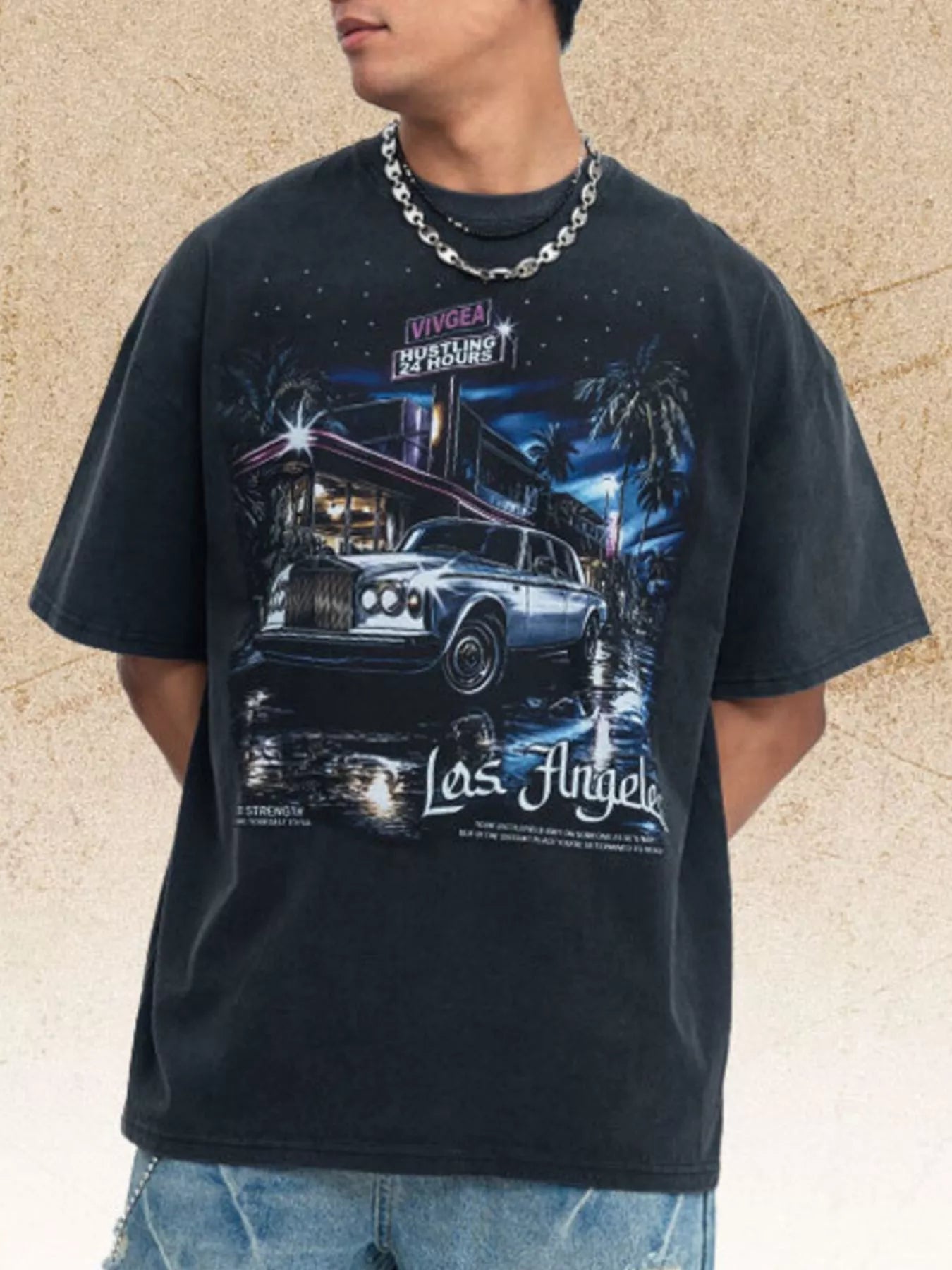 Men's vintage Los Angeles graphic T-shirt in black, featuring classic cityscape design from Trendsi.