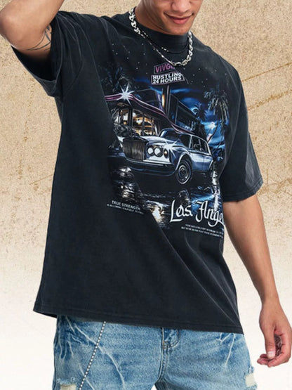 Men's black vintage Los Angeles graphic T-shirt by Trendsi, featuring bold city skyline and retro design.