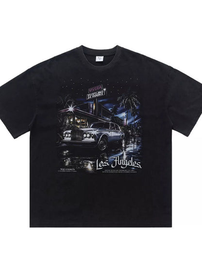 Black men's vintage Los Angeles graphic T-shirt by Trendsi, featuring a stylish cityscape design on soft cotton fabric.