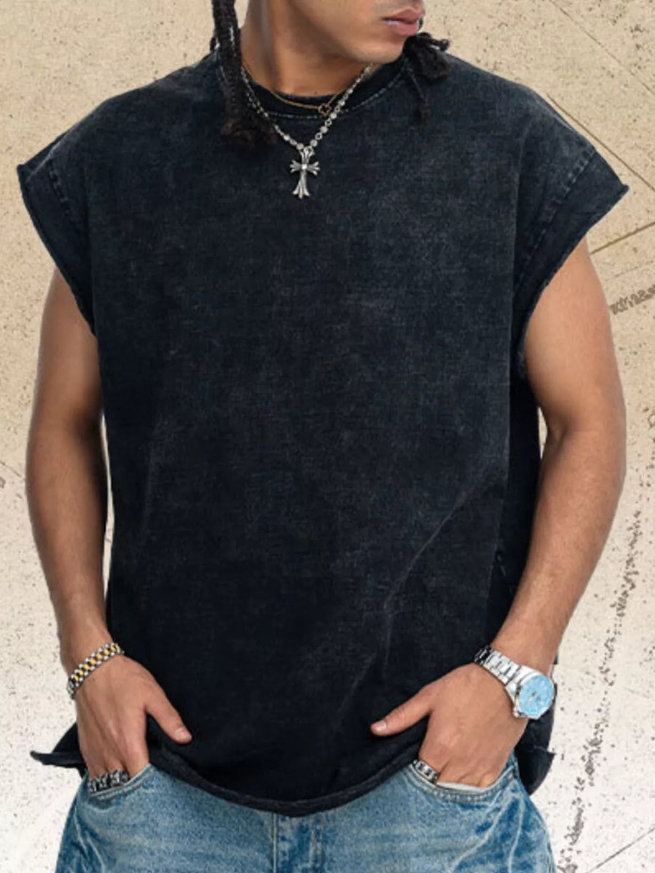 Men's black washed round neck tank top from Trendsi, casual sleeveless shirt with a relaxed fit and soft fabric.