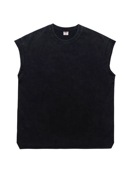 Men's black washed round neck tank top from Trendsi, casual sleeveless shirt with a relaxed fit and soft fabric.