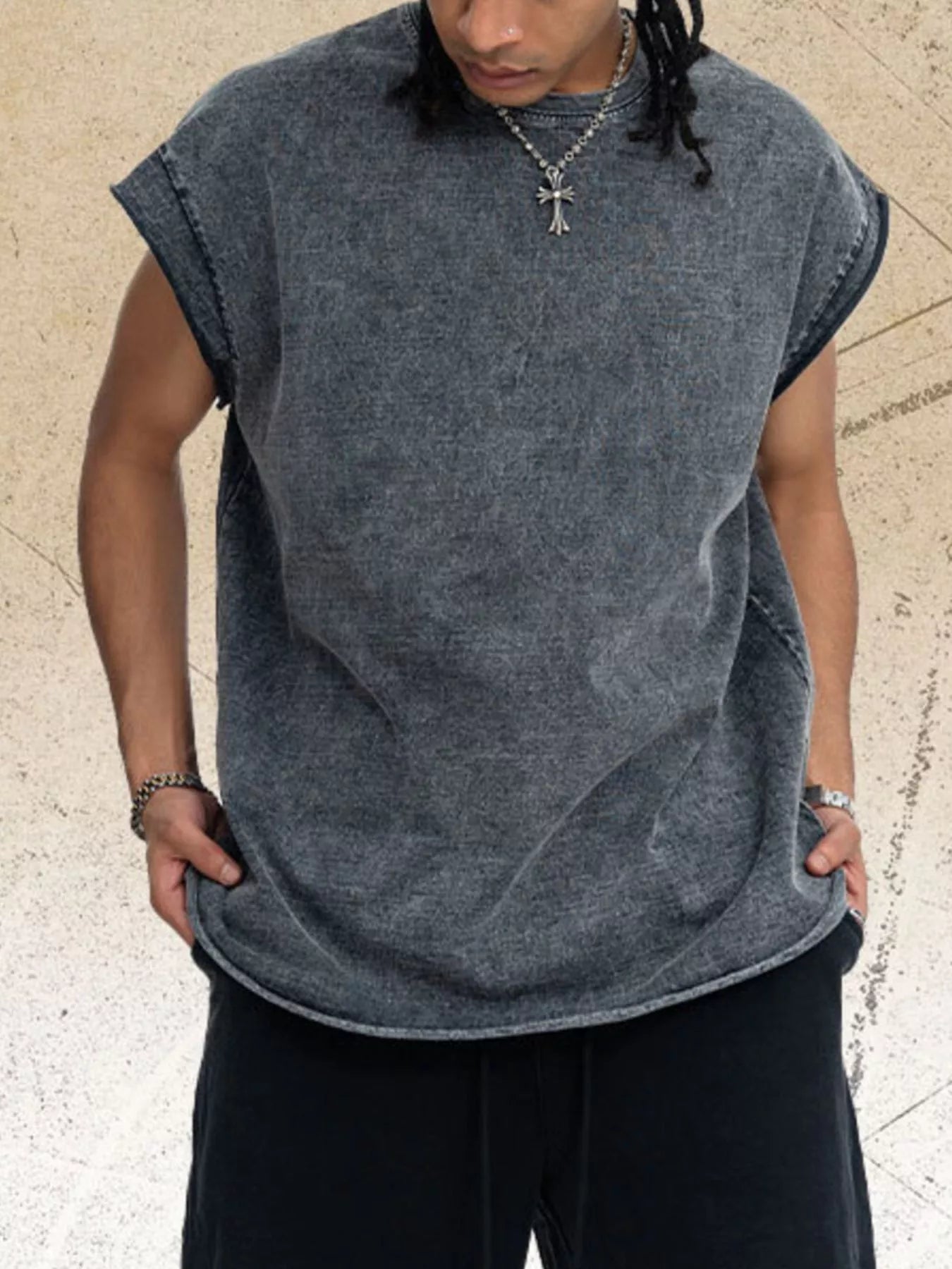 Black men's washed round neck tank top by Trendsi, featuring a casual fit and soft fabric for everyday wear.