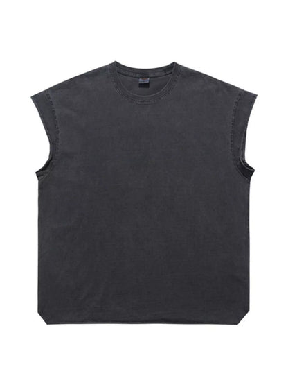 Men's black washed round neck tank top by Trendsi, showcasing a casual fit and soft fabric on a plain background.