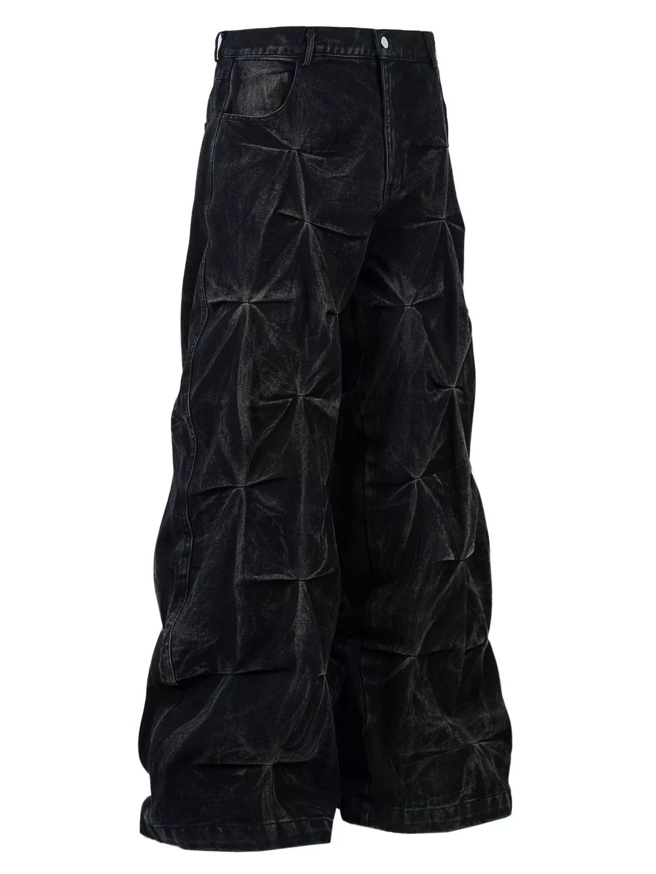 Men's black wide leg jeans from Trendsi featuring ruched detail on the legs, made from durable denim fabric.