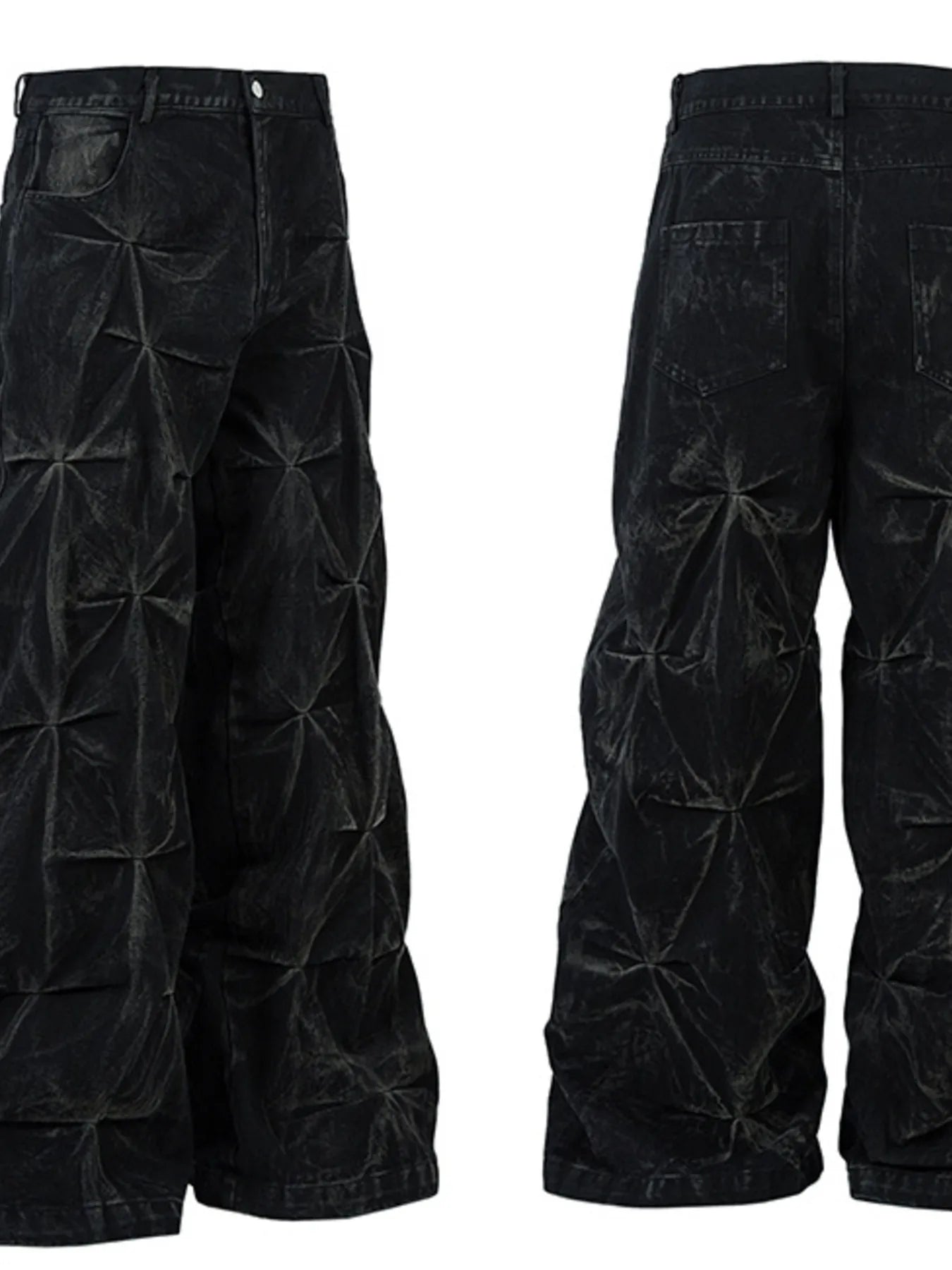Men's wide leg jeans by Trendsi in black with ruched detail, featuring a relaxed fit and stylish design.