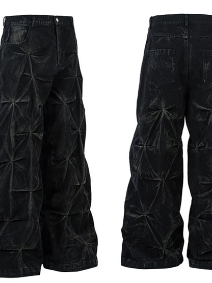 Men's wide leg jeans by Trendsi in black with ruched detail, featuring a relaxed fit and stylish design.