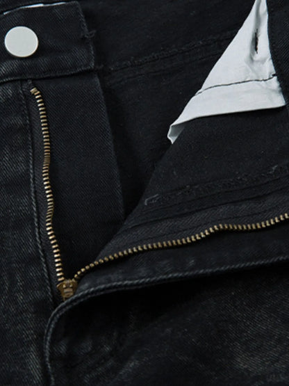 Men's black wide leg jeans with ruched detail, stylish Trendsi denim pants, casual fit, front and back view.