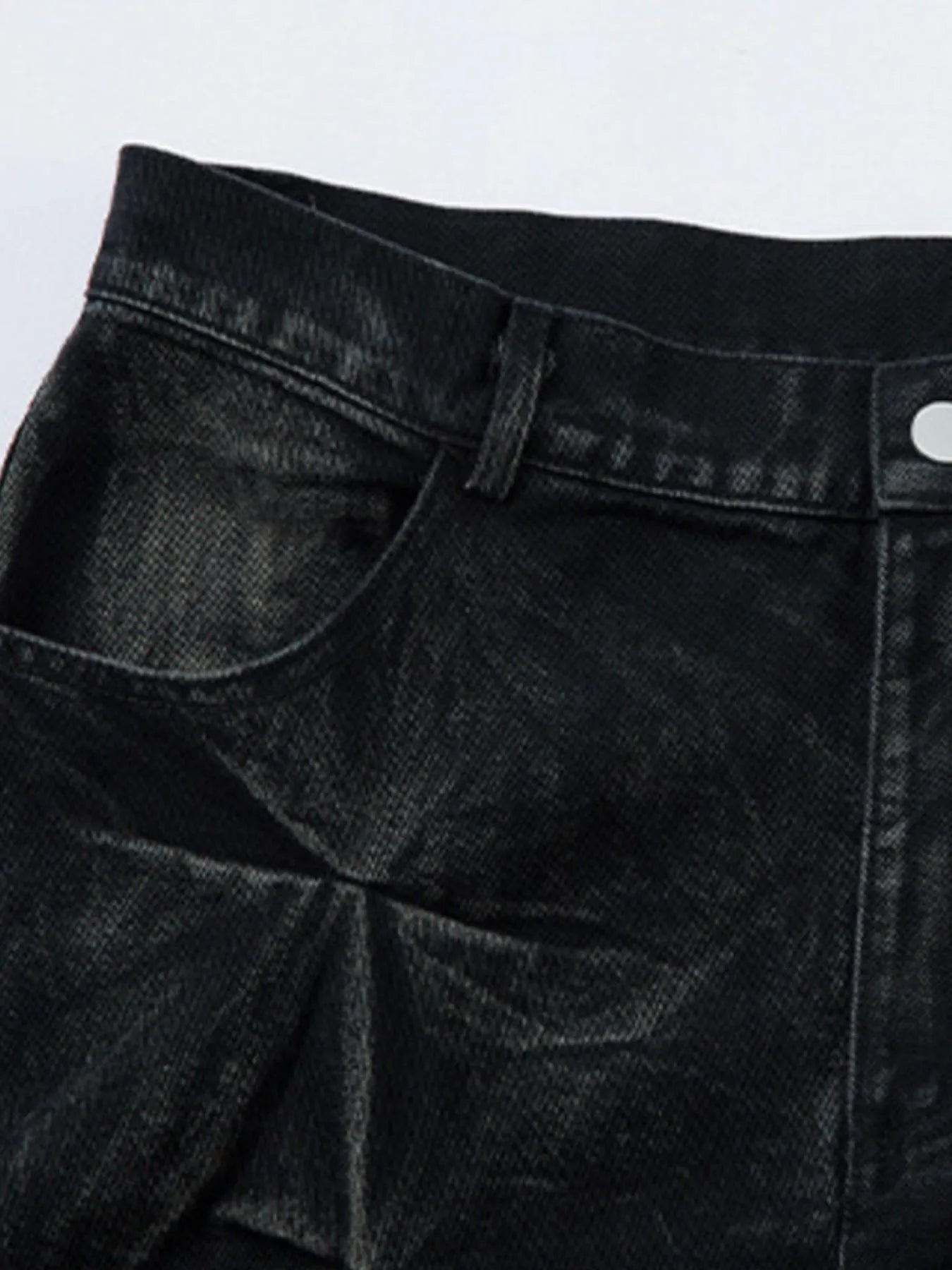 Men's black wide leg jeans with ruched detail by Trendsi, showcasing relaxed fit and stylish design.