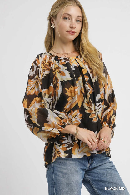 Black Mix Umgee Autumn Leaf Print Balloon Sleeve Blouse with relaxed fit and stylish design, perfect for fall fashion.