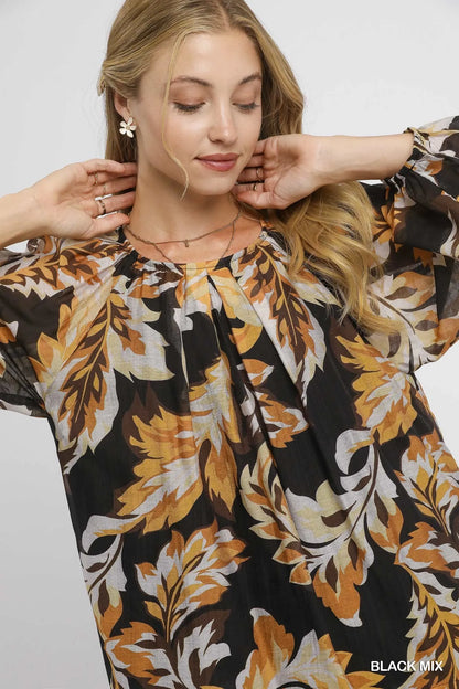Black Umgee autumn leaf print balloon sleeve blouse with a relaxed fit and stylish pattern, perfect for fall outfits.
