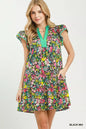 Black floral Umgee tiered mini dress with flutter sleeves, featuring a stylish, feminine design.