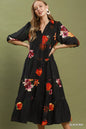 Black floral print tiered midi dress with puff sleeves by Umgee, stylish and flowy for casual or semi-formal wear.