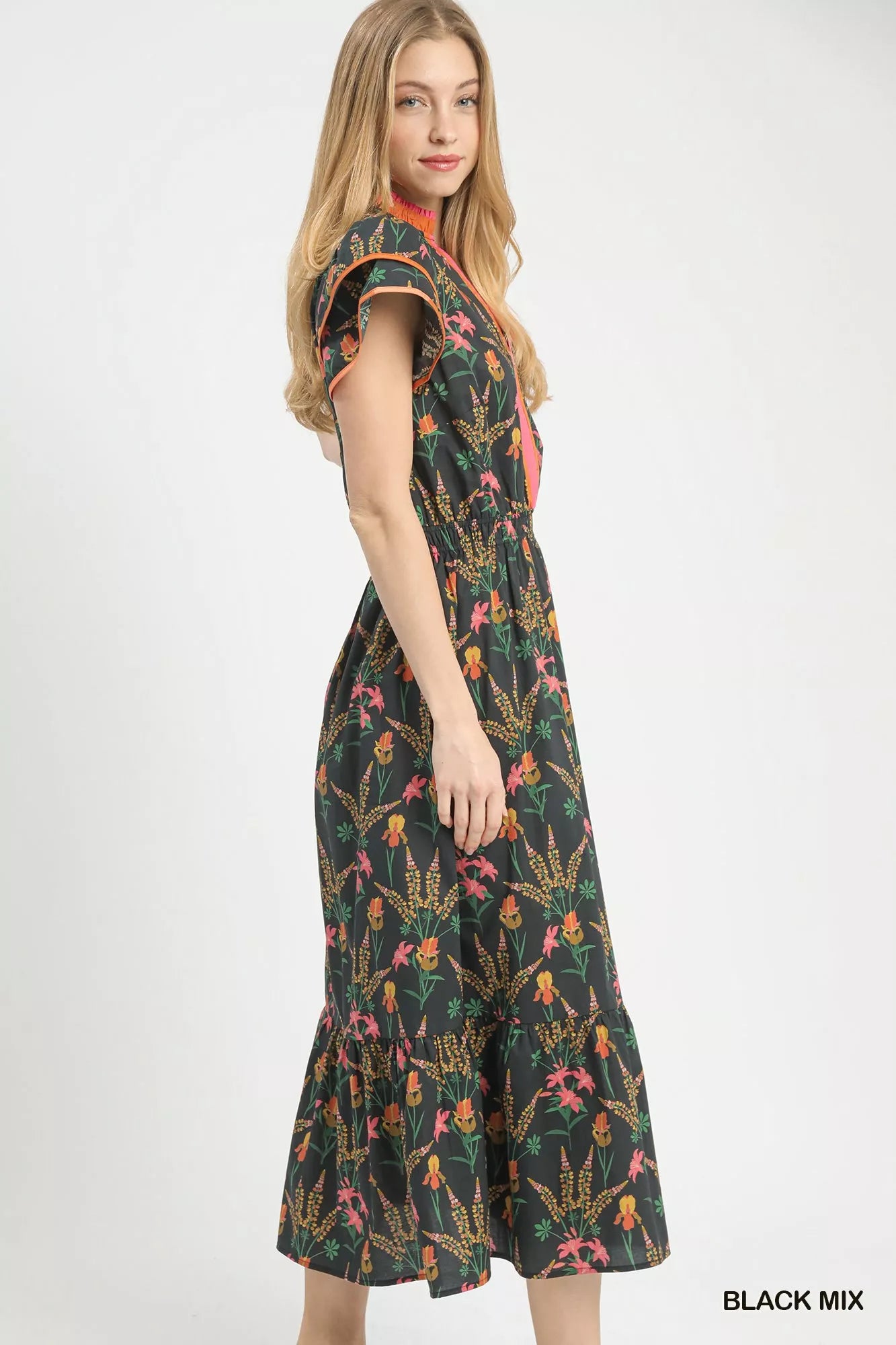 Black Umgee Mix Floral Midi Dress with a flowy silhouette, featuring a floral pattern and short sleeves.