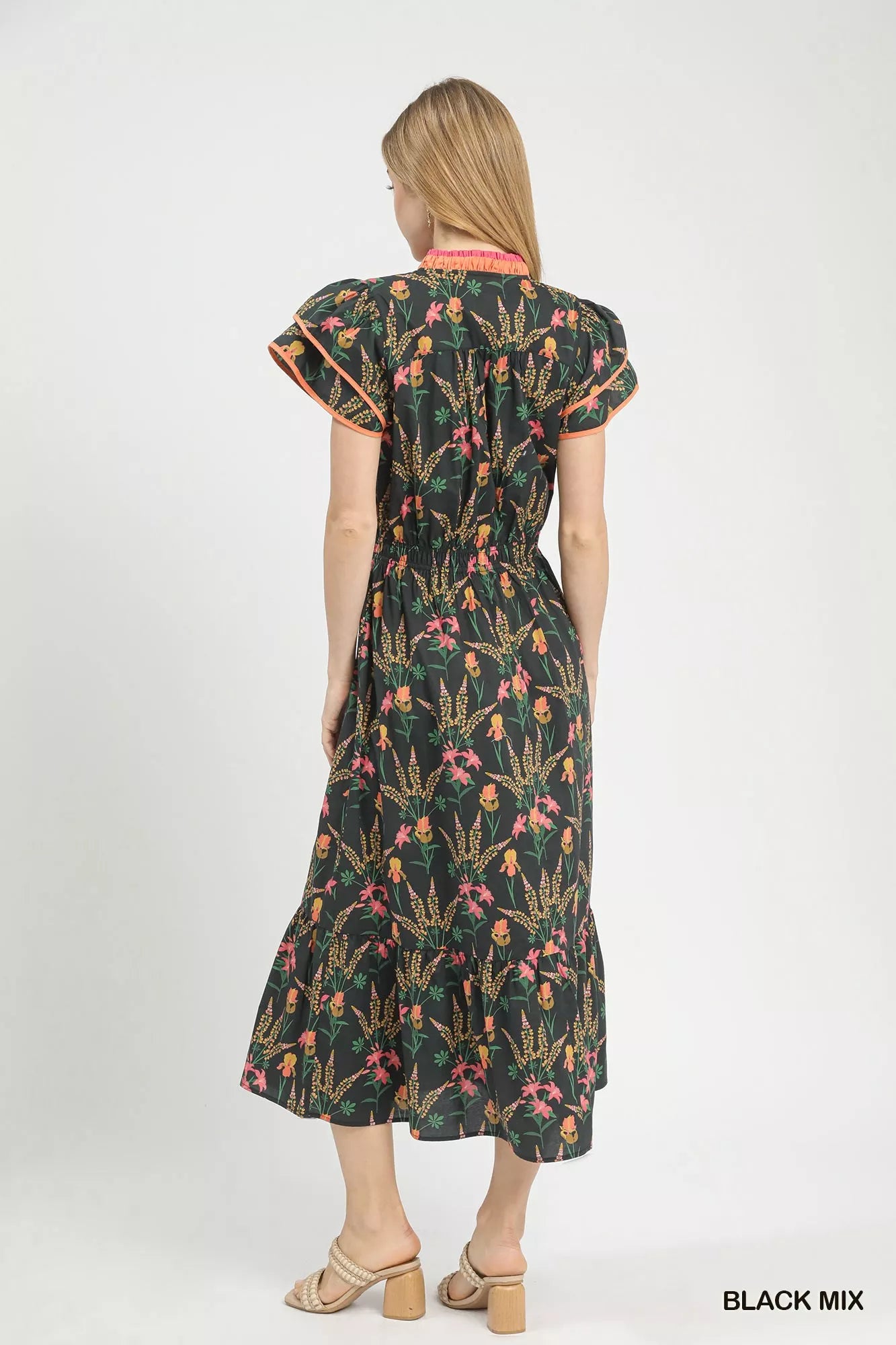 Black Umgee Mix Floral Midi Dress with short sleeves and a flowing design, perfect for casual or semi-formal occasions.