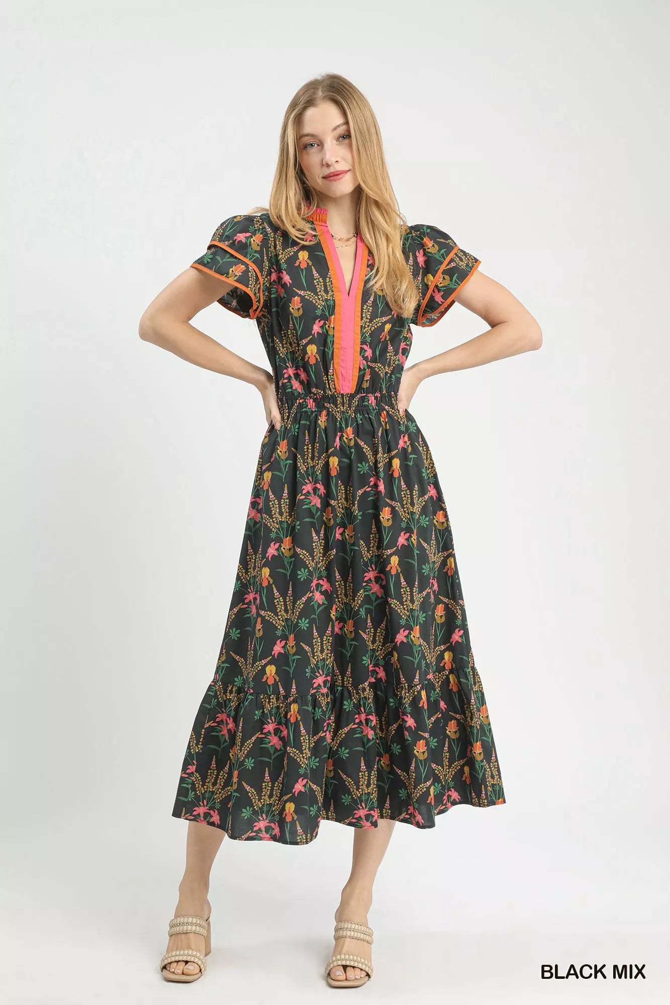 Black Umgee Mix Floral Midi Dress by Trendsi featuring a flowy design and floral pattern, shown on a model.