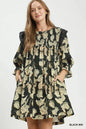 Black floral print flowy dress by Umgee with smocked bodice and ruffle details, perfect for casual or summer wear.