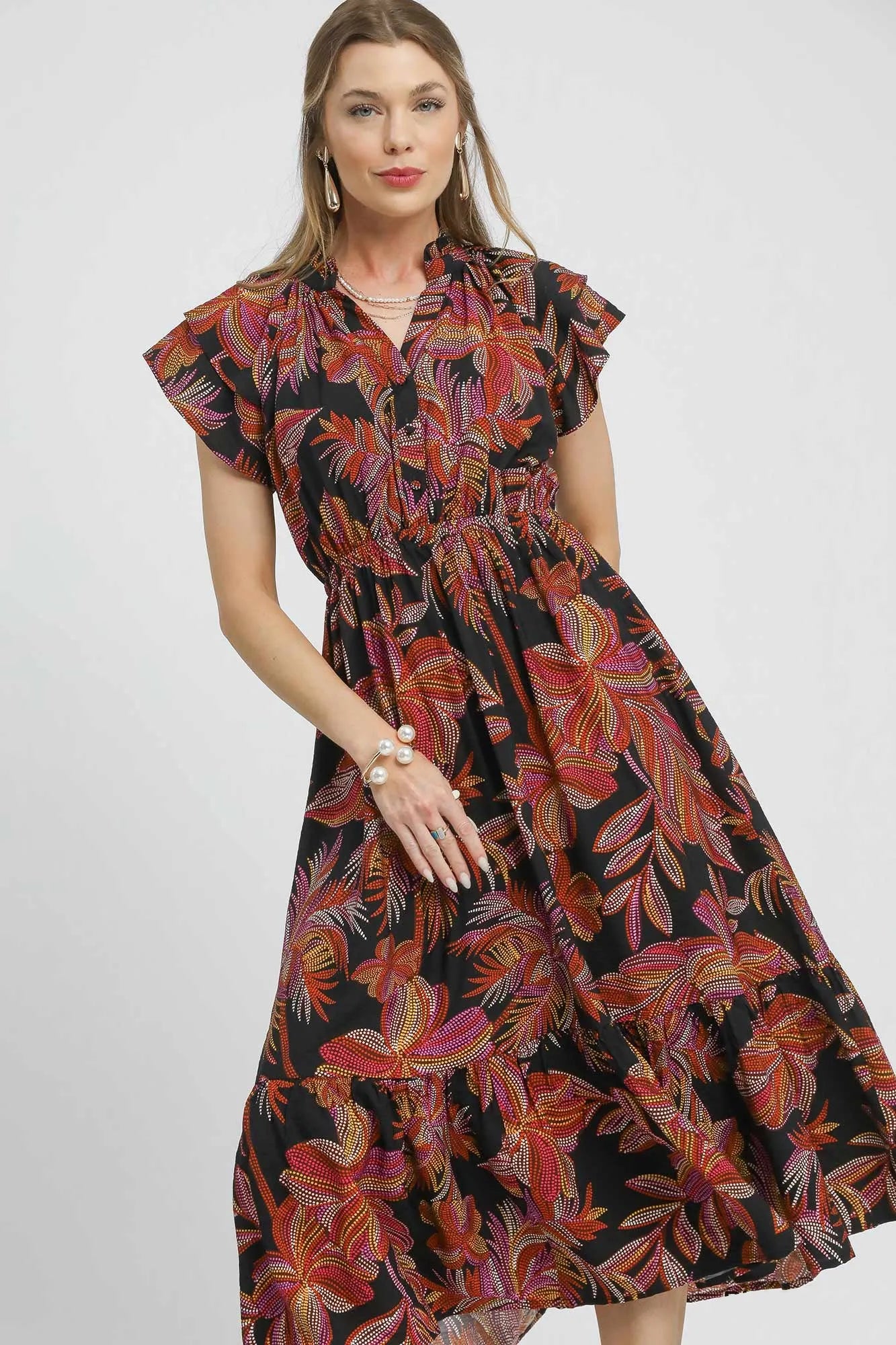 Black Umgee Mix Ruffle Sleeve Tropical Midi Dress with ruffled short sleeves and a flowy silhouette, perfect for summer wear.