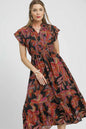Black Umgee Mix Ruffle Sleeve Tropical Midi Dress with ruffled short sleeves and a flowy silhouette, perfect for summer wear.