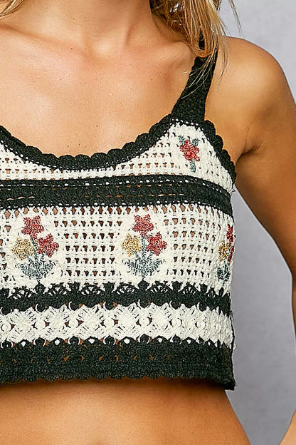Black floral embroidered cropped crochet cami with scalloped hem from Trendsi, featuring intricate embroidery and a stylish, fitted design.