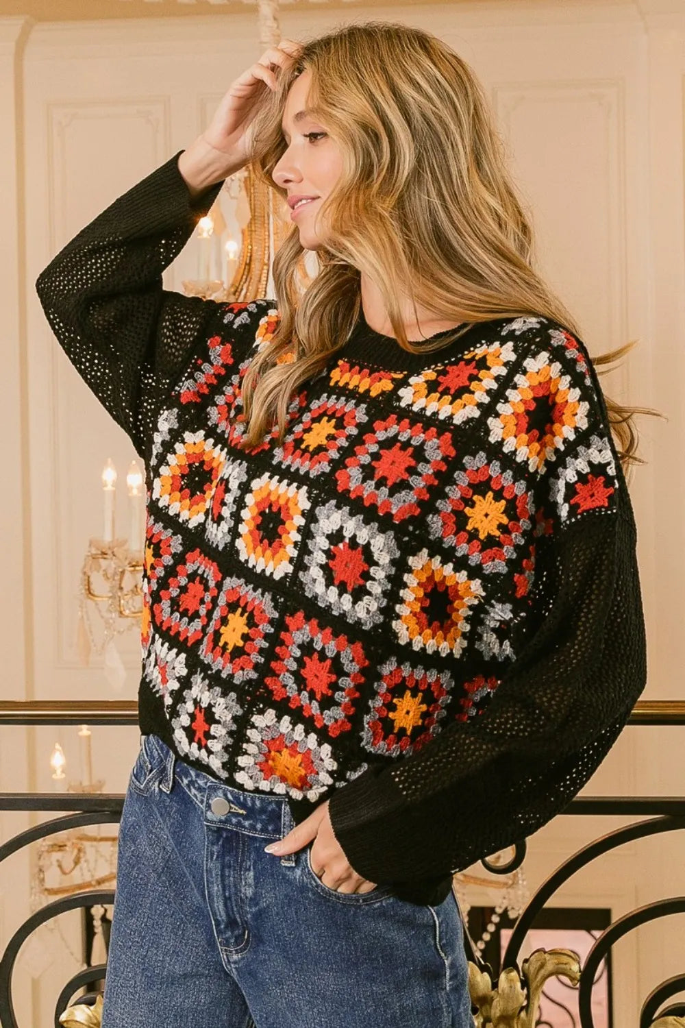 Black and multi-colored BiBi Granny Square front long sleeve top by Trendsi, featuring a cozy knit design and vibrant pattern.