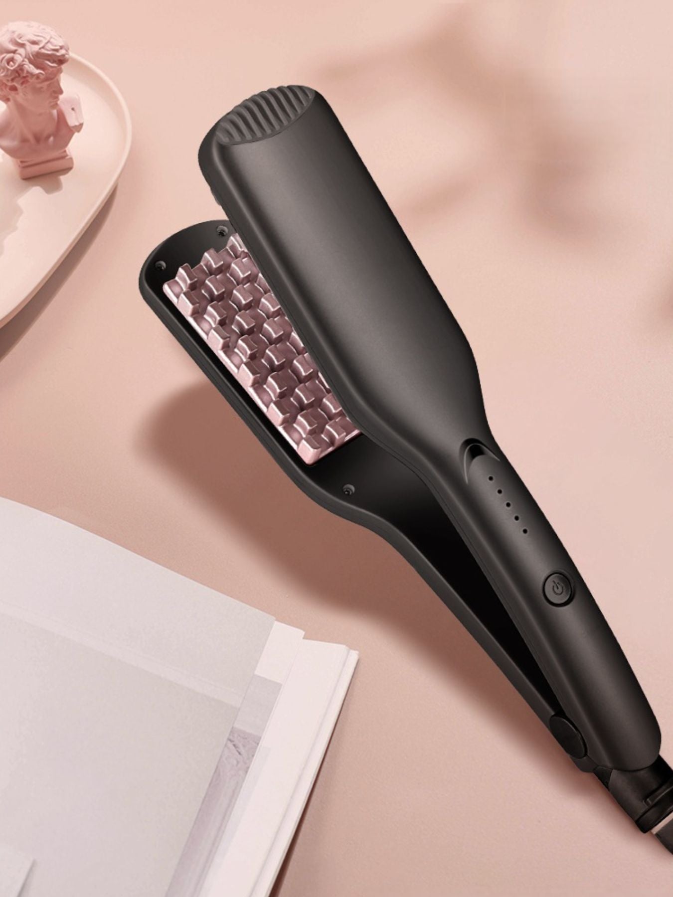 Black Trendsi adjustable temperature hair straightener with North American plug, showing sleek design and temperature control buttons.