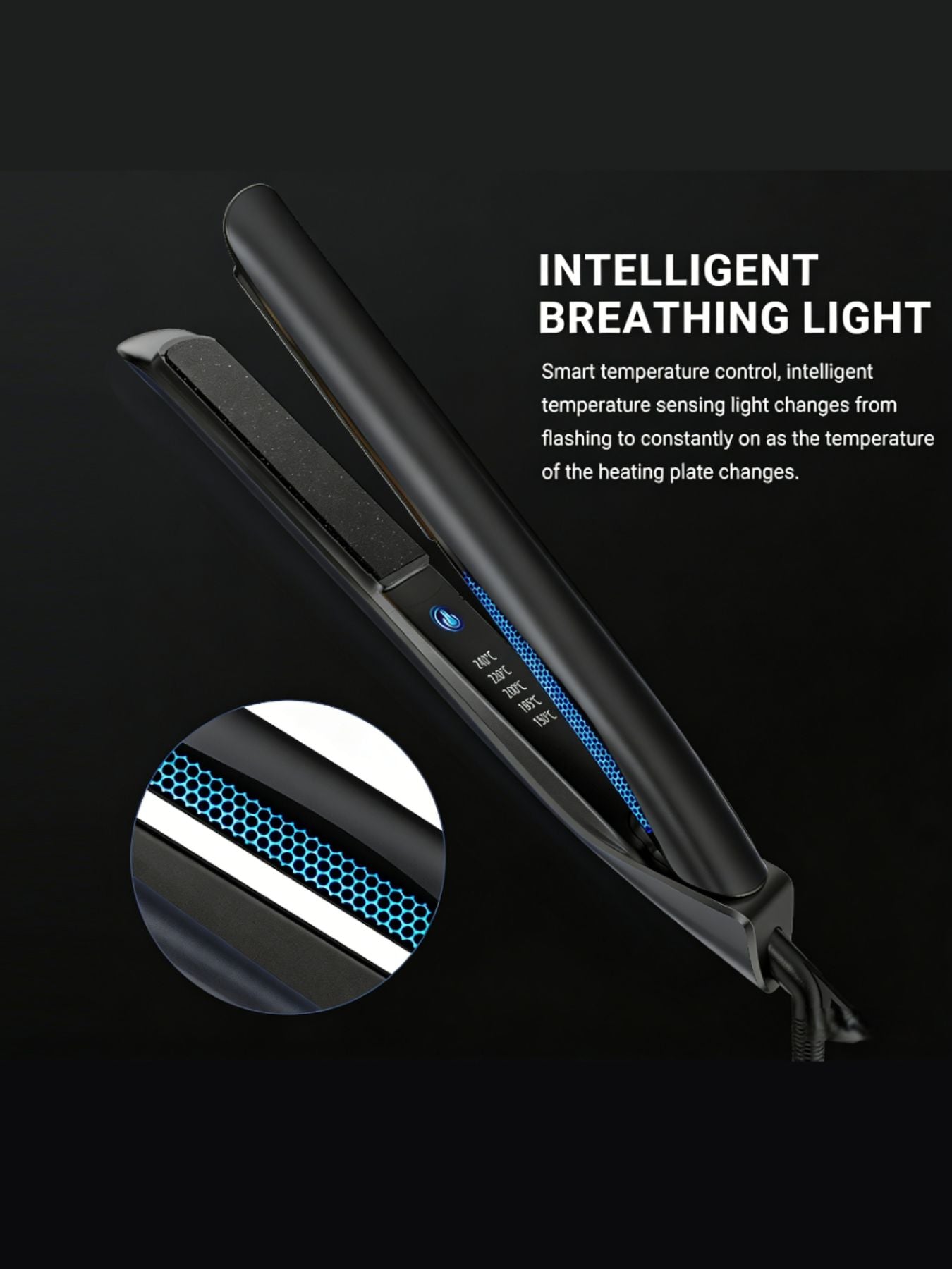Black adjustable temperature hair straightener by Trendsi with North American plug, featuring ceramic plates for smooth styling.