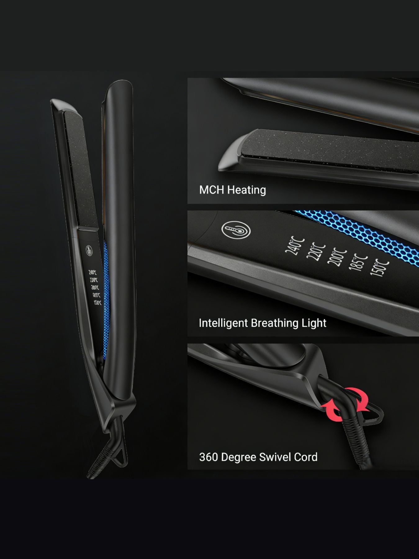 Black Trendsi adjustable temperature hair straightener with North American plug, featuring a sleek design and ceramic plates.
