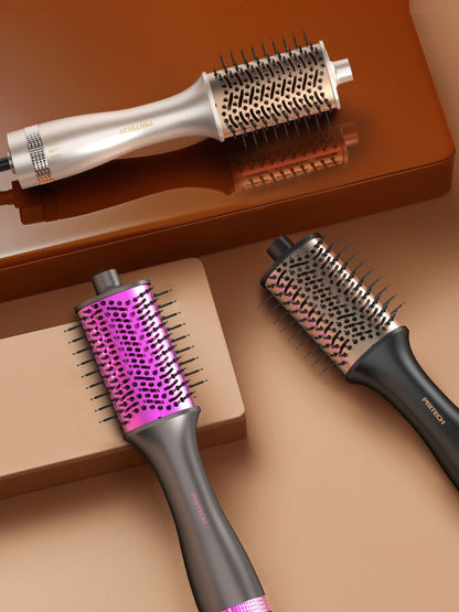 Black Trendsi multifunctional hot air brush with North American plug, showing the brush head and handle in a close-up shot.