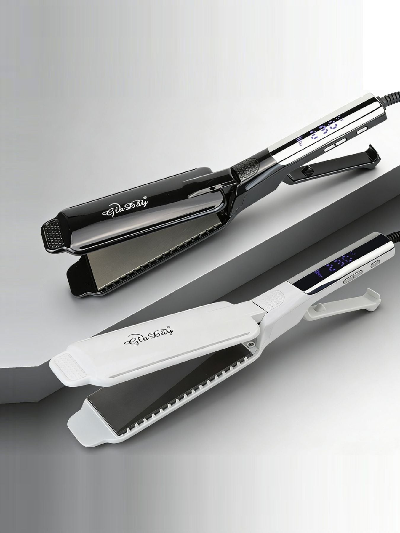 Black professional ceramic tourmaline hair straightener with North American plug, designed for smooth, shiny hair styling.