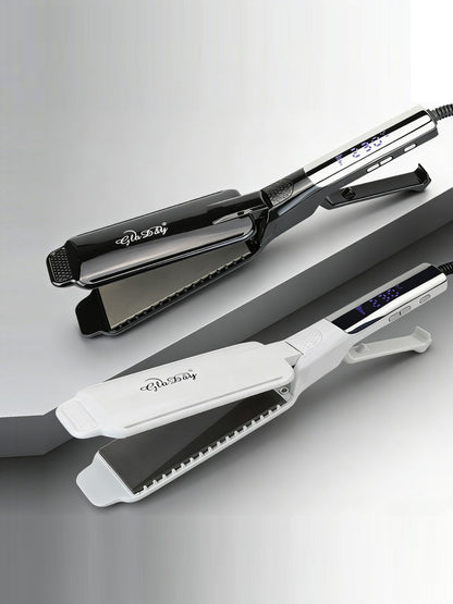 Black professional ceramic tourmaline hair straightener with North American plug, designed for smooth, shiny hair styling.