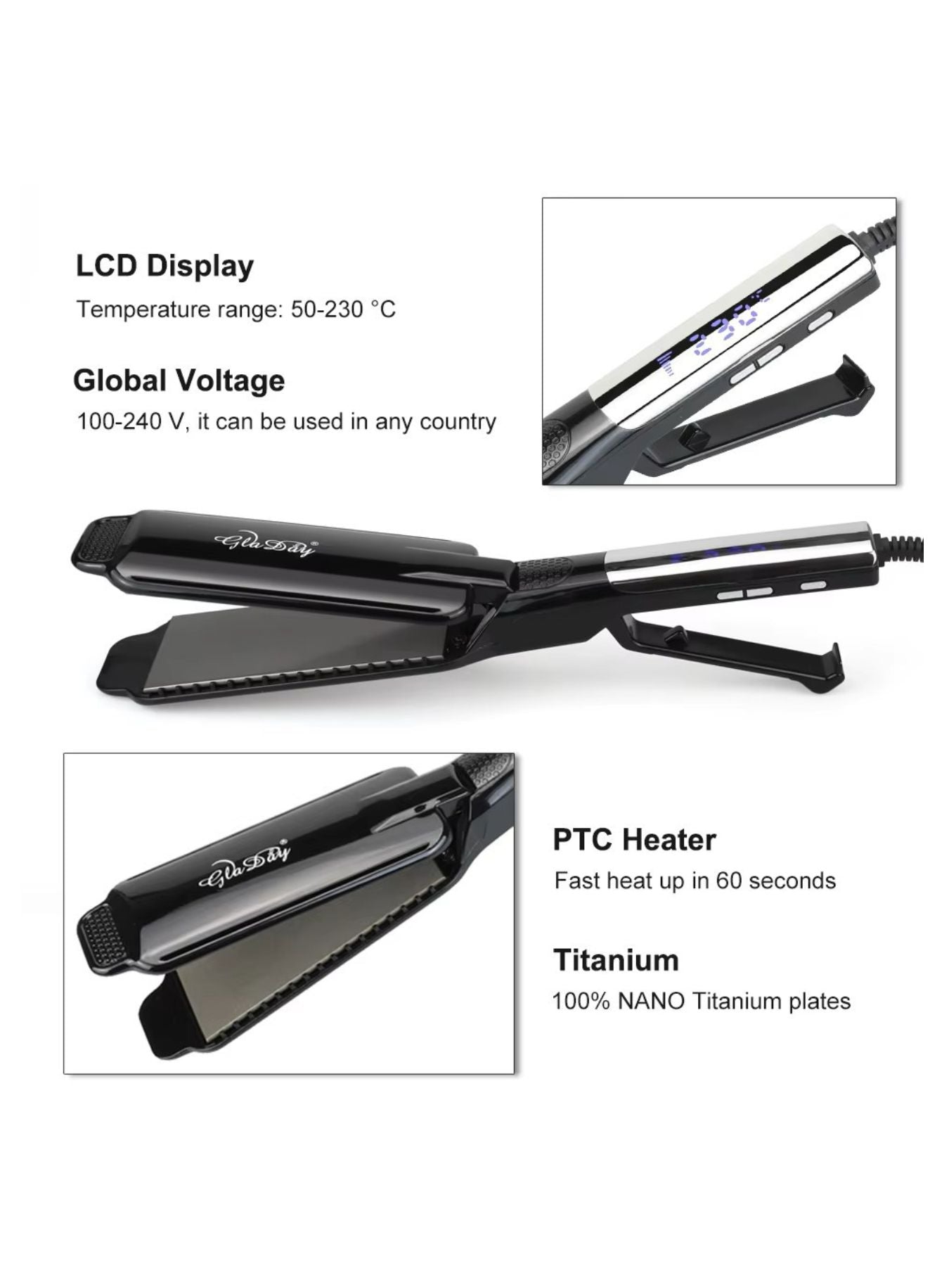 Black professional ceramic tourmaline hair straightener with North American plug from Trendsi, showing sleek design and flat iron plates.