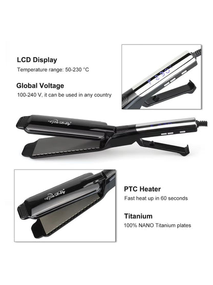 Black professional ceramic tourmaline hair straightener with North American plug from Trendsi, showing sleek design and flat iron plates.
