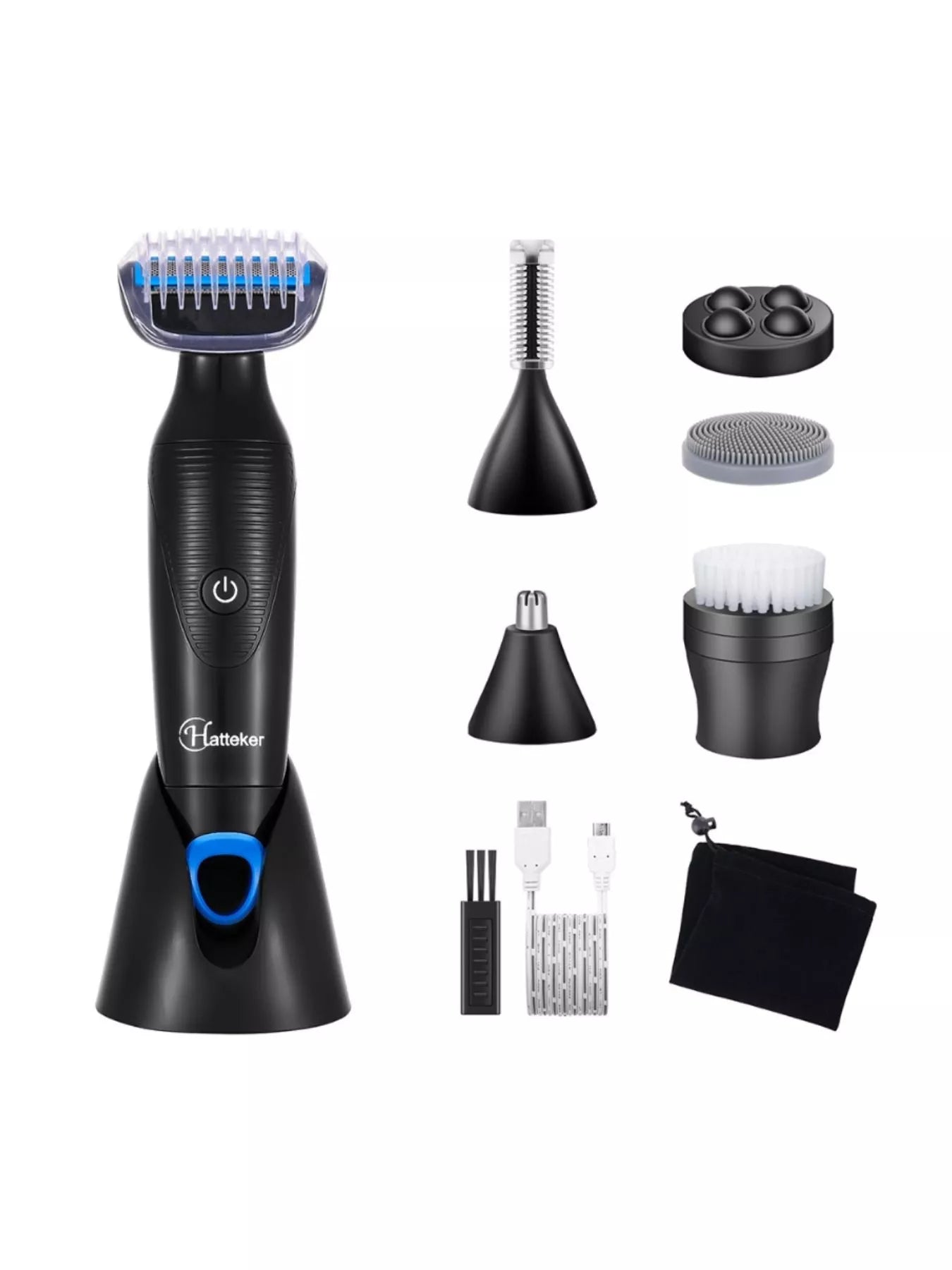 Trendsi 6-in-1 grooming kit with black waterproof design, USB rechargeable for hair removal and grooming.