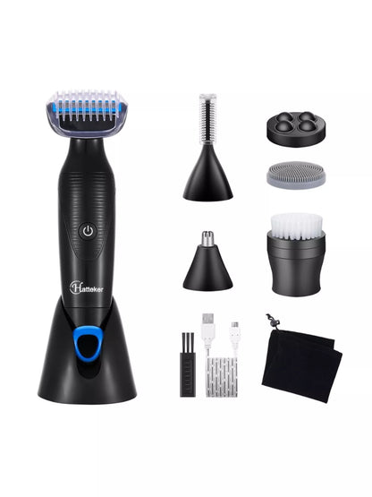 Trendsi 6-in-1 grooming kit with black waterproof design, USB rechargeable for hair removal and grooming.