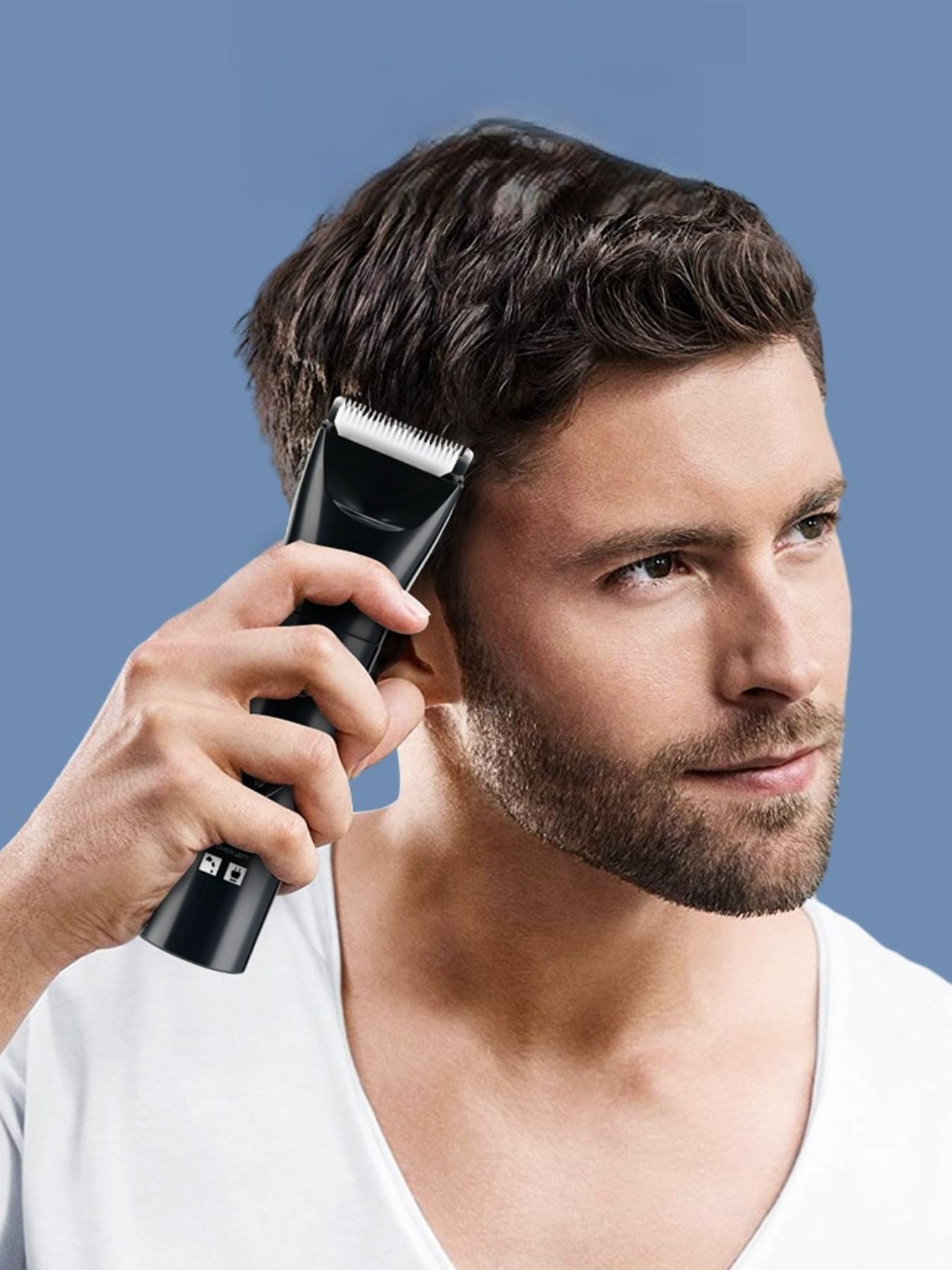 Black Trendsi cordless rechargeable hair clipper with adjustable blades, showing its ergonomic design and charging port.