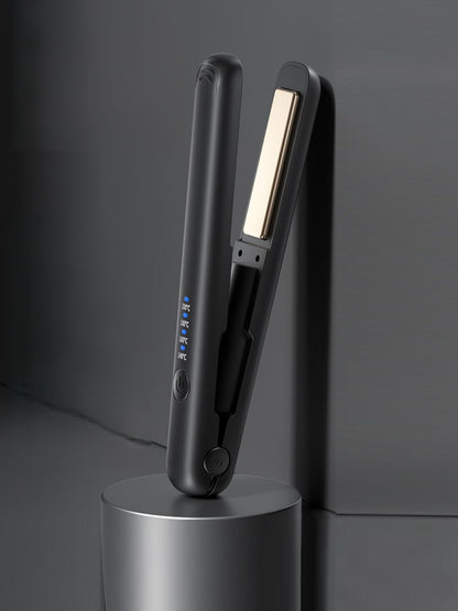 Black cordless rechargeable hair straightener from Trendsi with a sleek design and compact size for easy styling.